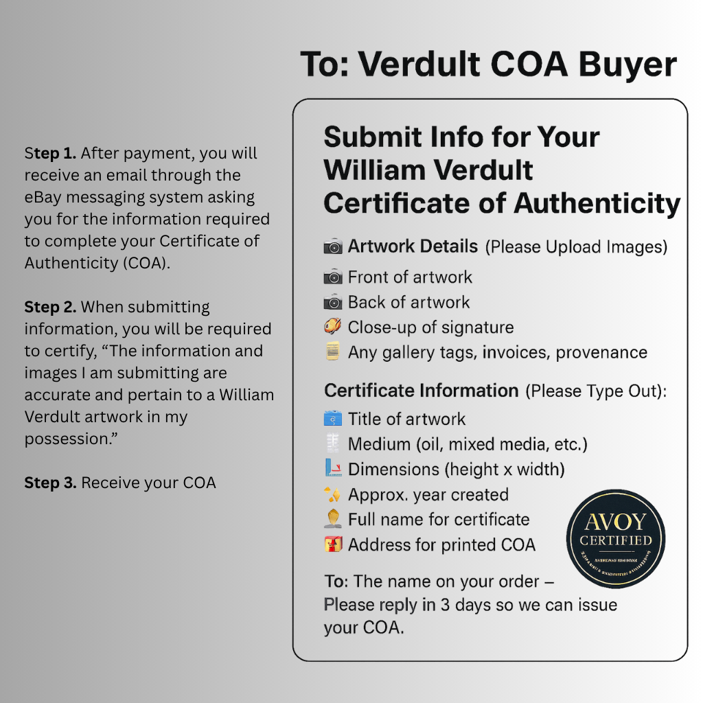 Official William Verdult COA | Blockchain Authenticated | Verisart + Mailed Certificate